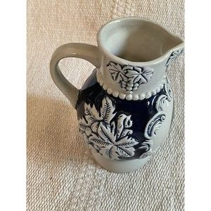 Vintage German Salt Glazed Cobalt Blue Pitcher Or Creamer Heidelberg Landscape